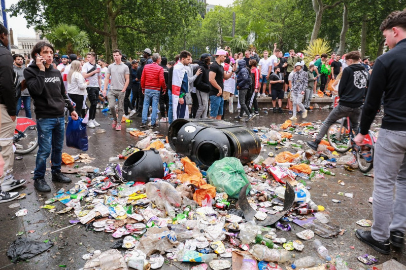 London, UK. 11 July 2021. Euro 2020. England football fans celebrating in Leicester Square ahead of the Italy v England final. Credit: Waldemar Sikora