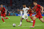 Munich, Germany. 02nd July, 2021. Football: European Championship, Belgium - Italy, final round, quarter-final in the EM Arena in Munich. Italy's Lorenzo Insigne (M) and Belgium's Thomas Meunier fight for the ball. Credit: Federico Gambarini/dpa/Alamy Liv