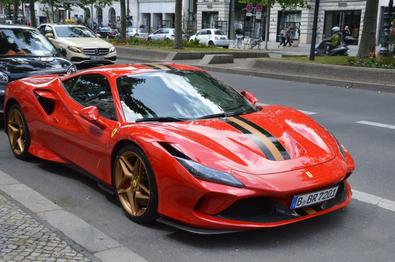 Luxury Ferrari car at Kurfrstendamm in Berlin, Germany - July 2 2021.