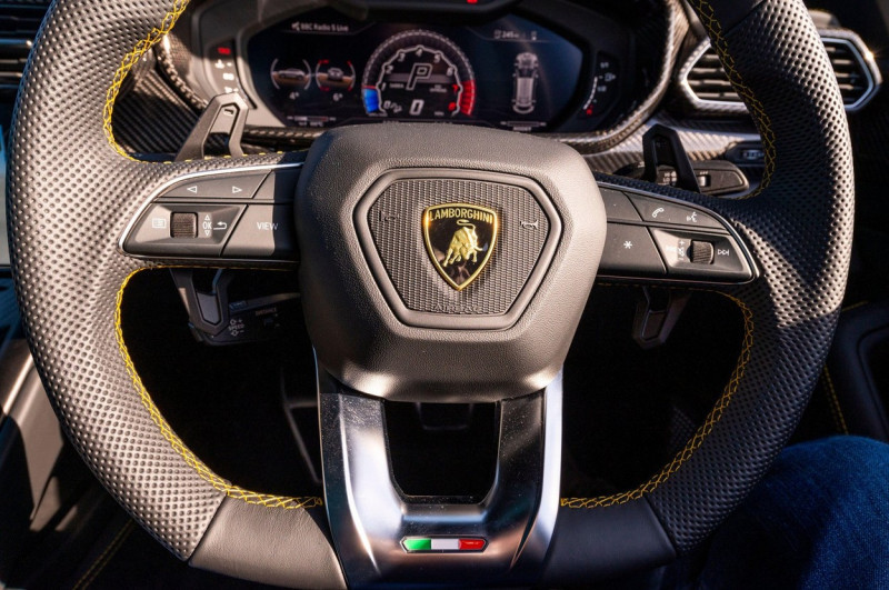 Interior of a Lamborghini Urus SUV photographed in the evening sunshine at Llangynidr, Powys, Wales, UK.Spec:4 litre twin turbo V8 engine0-62 mph 3
