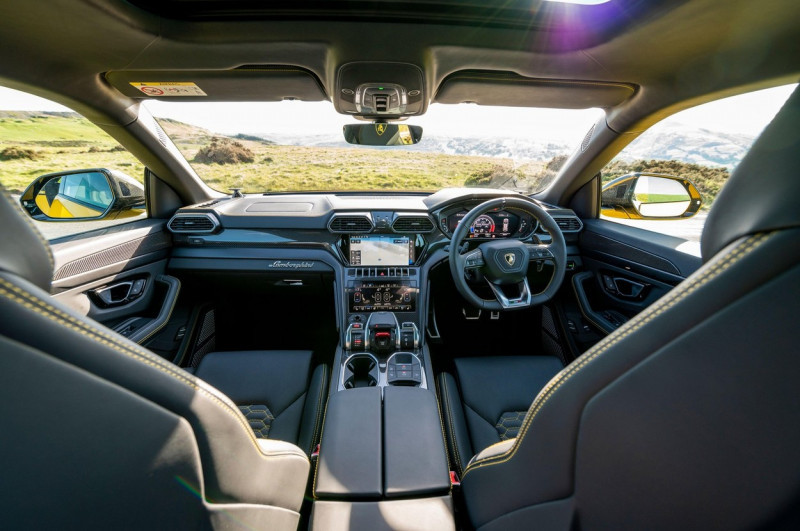 Interior of a Lamborghini Urus SUV photographed in the evening sunshine at Llangynidr, Powys, Wales, UK.Spec:4 litre twin turbo V8 engine0-62 mph 3