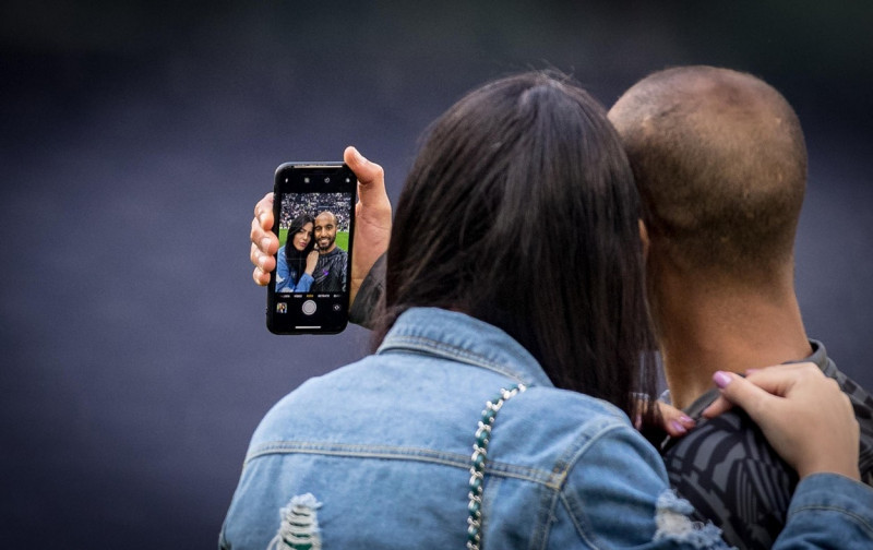 London, UK. 12th May, 2019. Lucas Moura of Spurs takes a selfie with his wife Larissa Saad during the final Premier League match of the season between Tottenham Hotspur and Everton at Tottenham Hotspur Stadium, White Hart Lane, London, England on 12 May 2