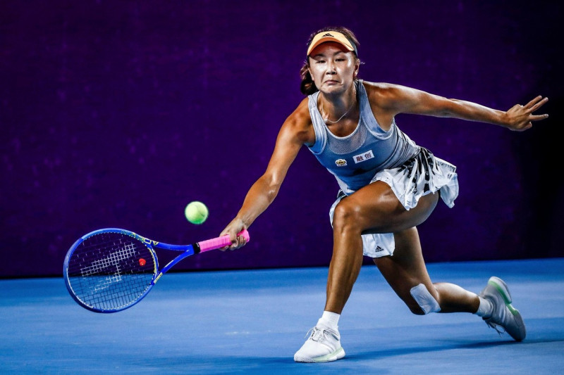 Chinese professional tennis player Peng Shuai plays against Serbian professional tennis player Nina Stojanovic at the second round of WTA Guangzhou Open 2019 in Guangzhou city, south China's Guangdong province, 18 September 2019.Chinese professional tenn