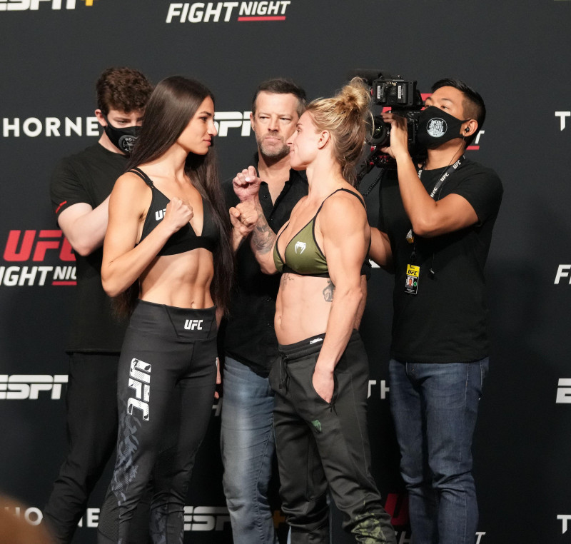 Las Vegas, USA. 23rd July, 2021. Las Vegas, NV - JULY 23:Diana Belbita (left) and Hannah Goldy (right) face off for the official weigh-ins during UFC Fight Night Vegas 32 - Face-off at UFC APEX on July 23, 2021 in Las Vegas, NV, United States. (Photo by L