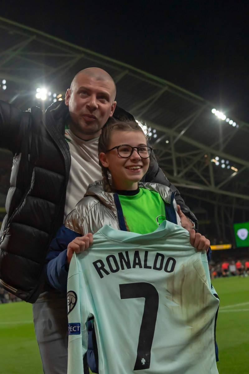 CRISTIANO RONALDO gives his shirt to young Addison Whelan after the FIFA World Cup 2022 Group A Qualifying match between Republic of Ireland and Portugal, Aviva stadium, Dublin, Ireland, 11.11.2021