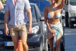 *PREMIUM-EXCLUSIVE* MUST CALL FOR PRICING BEFORE USAGE - Pussycat Dolls Singer and now The Masked singer Judge Nicole Scherzinger pictured with her boyfriend Thom Evans and friend Caroline Stanbury enjoying their holidays in Mykonos.