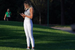 Augusta, United States. 14th Nov, 2020. Paulina Gretzky, partner of pro golfer Dustin Johnson, checks her cell phone during the third round of the 2020 Masters golf tournament at Augusta National Golf Club in Augusta, Georgia on Saturday, November 14, 202