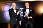 MUNICH, GERMANY - DECEMBER 17: Robert Lewandowski of FC Bayern Munich receives the FIFA Men's Player 2020 trophy by FIFA president Gianni Infantino during the FIFA The BEST Awards ceremony on December 17, 2020 in Munich, Germany. (Photo by Pool/Marco Dona