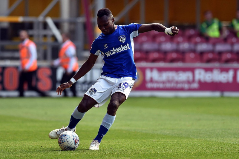 Bradford, UK. 17th Aug, 2019. BRADFORD, ENGLAND AUG 17TH Oldham Athletic's Desire Segbie Azankpo in action during the Sky Bet League 2 match between Bradford City and Oldham Athletic at the Coral Windows Stadium, Bradford on Saturday 17th August 2019. Edi