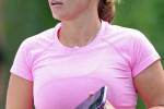 WAG Coleen Rooney seen leaving a Pilates class in Alderley Edge Cheshire wearing a necklace displaying her four sons Kai, Klay, Kit and Cass names in it