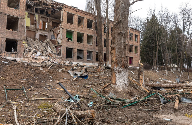 School build destroyed by Russian military attack in Vasylkiv, Ukraine - 7 Mar 2022