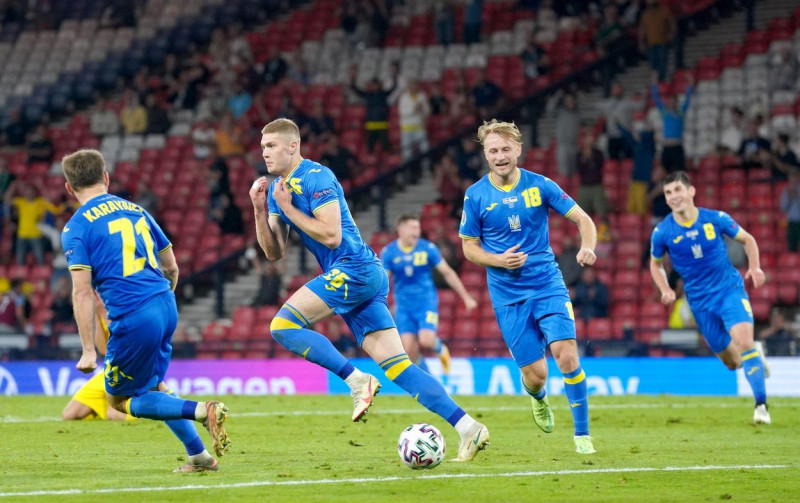 Ukraine's Artem Dovbyk (second left) celebrates scoring their side's second goal of the game during the UEFA Euro 2020 round of 16 match at Hampden Park, Glasgow. Picture date: Tuesday June 29, 2021.