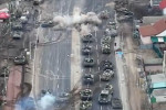 UKRAINE WAR RussianT32 tanks and armoured vehicles are ambushed byUkrainian forces in the town of Brovary east of Kiev 10 March 2022 filmed from a drone. Photo: Ukrainian Ministry of Defence