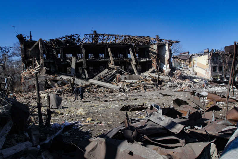 Aftermath of rocket fire continues to be eliminated in Dnipro, Ukraine - 21 Mar 2022