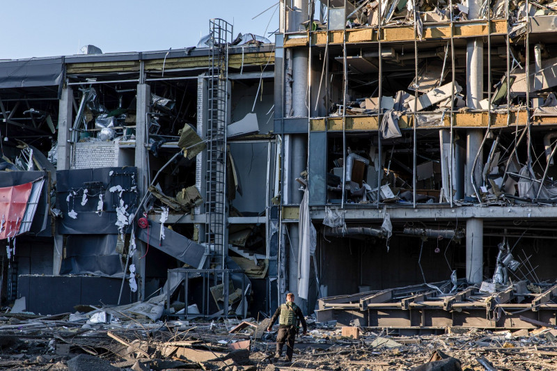 Bombing site during curfew in Kyiv, Ukraine - 22 Mar 2022