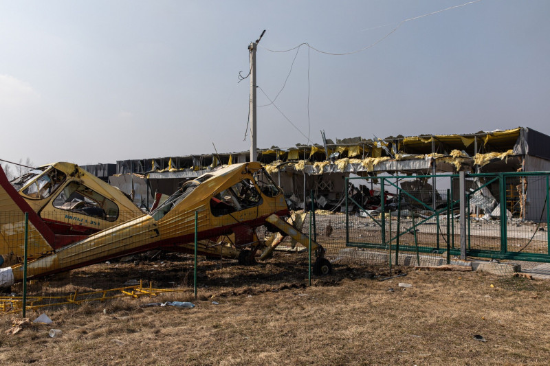 Destroyed Russian warplane at AEROTIM ??????? Airfield in Kyiv, Ukraine - 25 Mar 2022