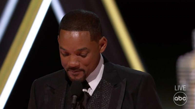 Will Smith turns on the tears as he uses Best Actor Oscar win speech to defend shocking on-air assault on Chris Rock for joke about wife Jada Pinkett Smith's 'GI Jane' haircut.