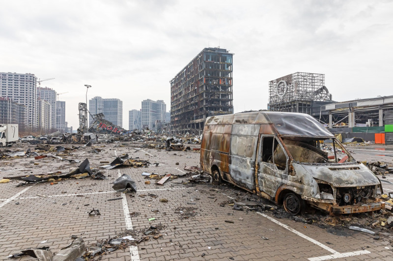 Damaged shopping center in Kyiv, Ukraine - 29 Mar 2022