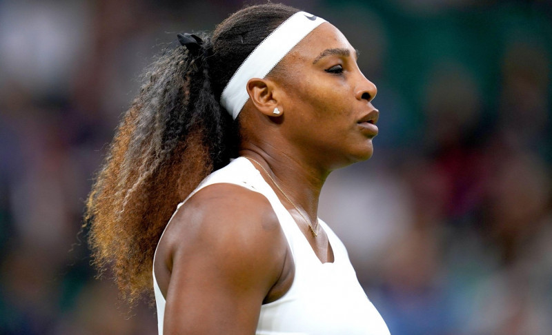 Serena Williams during her first round ladies' singles match against Aliaksandra Sasnovich on centre court on day two of Wimbledon at The All England Lawn Tennis and Croquet Club, Wimbledon. Picture date: Tuesday June 29, 2021.