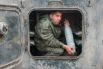 Self-propelled artillery in Pervomaisk, Lugansk People's Republic