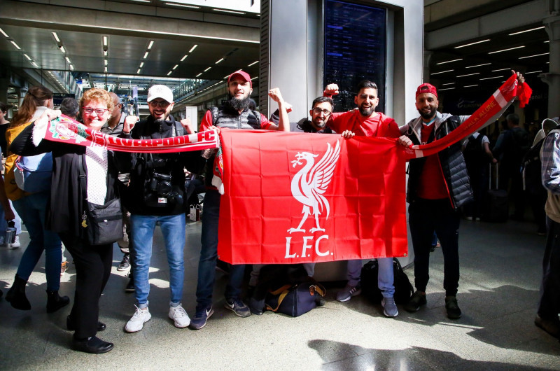 Liverpool supporters travelling to Paris for the UEFA Champions League final, London, UK - 28 May 2022