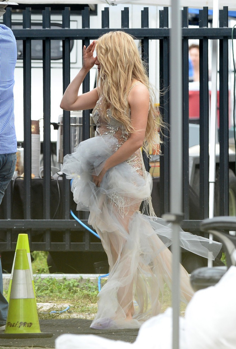 Shakira Wears A Sheer Beaded Dress And Goes Barefoot On The Set of A Crest Toothpaste Commercial In Miami