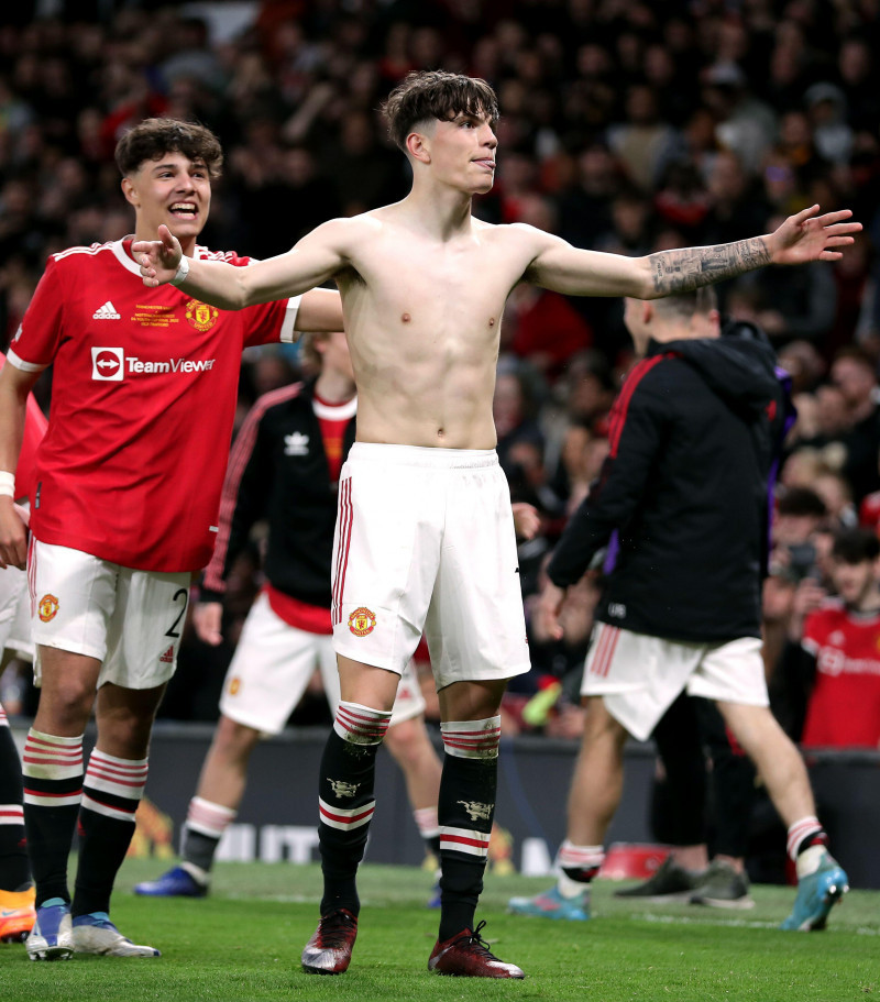 Manchester United's Alejandro Garnacho celebrates after scoring their side's third goal of the game during the FA Youth Cup final match at Old Trafford, Manchester. Picture date: Wednesday May 11, 2022.