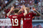 Darwin Nunez (right) celebrates scoring their side's fourth goal of the game with Harvey Elliott during the pre-season friendly match at Red Bull Arena in Leipzig, Germany. Picture date: Thursday July 21, 2022.