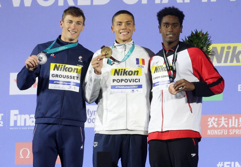 Maxime Grousset of France Silver medal, David Popovici of Romania Gold medal, Joshua Liendo Edwards of Canada Bronze medal, 100 M Freestyle Men during the 19th FINA World Championships Budapest 2022, Swimming event on June 22 2022 in Budapest, Hungary - P