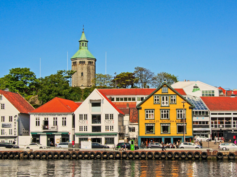 Downtown Stavanger, with historical houses and Valberg tower. view from across the water.