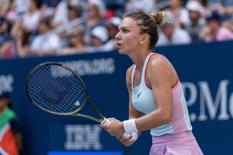 New York, NY - August 29, 2022: Simona Halep of Romania returns ball during 1st round of US Open Tennis Championship against Daria Snigur of Ukraine at Billie Jean King National Tennis Center