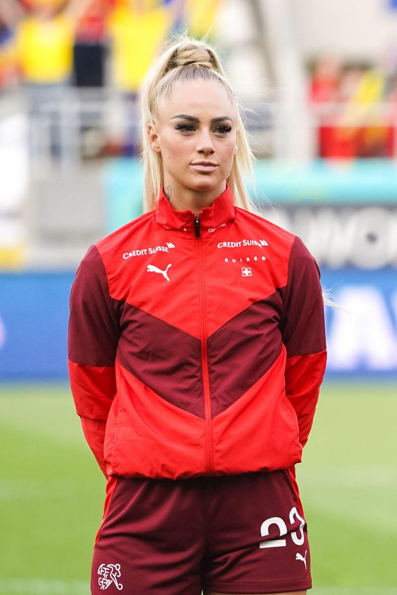 Bucharest, Romania. 08th Apr, 2022. Alisha Lehmann (23 Switzerland) during the national anthem prior to the Womens World Cup Qualifier football match between Romania and Switzerland at Stadum Stadionul Arcul de Triumf in Bucharest, Romania. Daniela Porcel