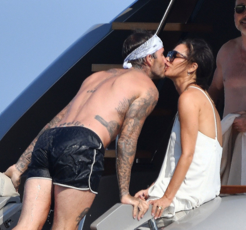 The Beckham Family pictured having fun on Goof friend Sir Elton John's Yacht in South of France.