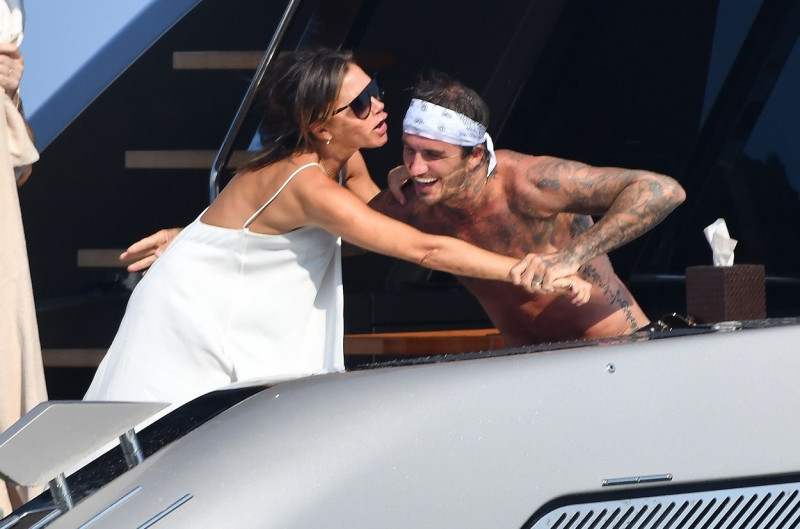 The Beckham Family pictured having fun with good friend Sir Elton John on board his mega Yacht in South of France