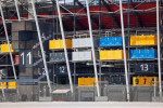 Doha, Qatar. 30th Mar, 2022. An exterior view shows part of the 974 stadium during a Fifa media tour. 974 colorfully arranged shipping containers were used to build the stadium. Doha will host the Fifa Congress on March 31 and the draw for the 2022 World
