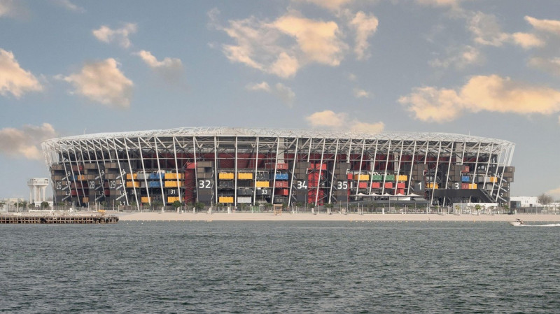 Doha, Qatar- December 12,2021 : view of 974 stadium from sea.stadium build with containers.