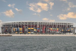 Doha, Qatar- December 12,2021 : view of 974 stadium from sea.stadium build with containers.