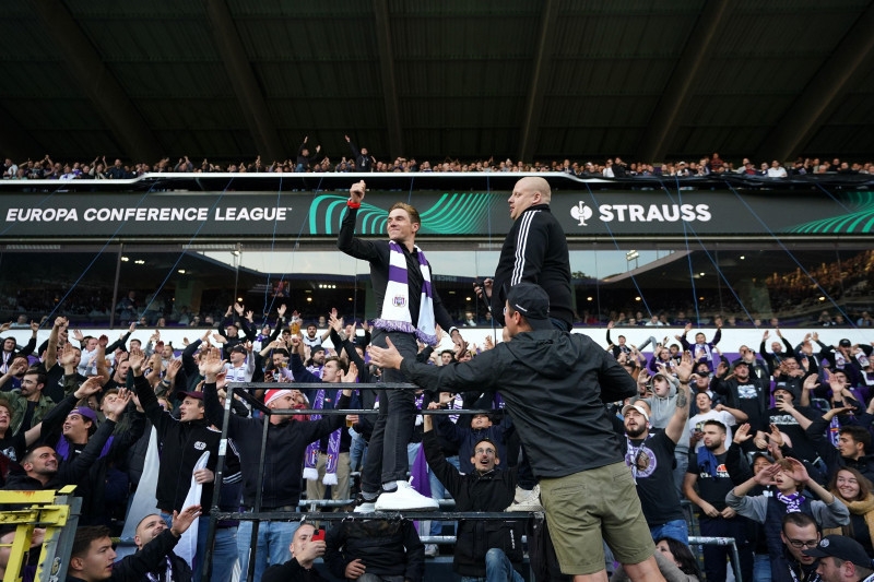 Anderlecht fans in the stands show their support during the UEFA Europa Conference League match at Lotto Park, Anderlecht. Picture date: Thursday October 6, 2022.
