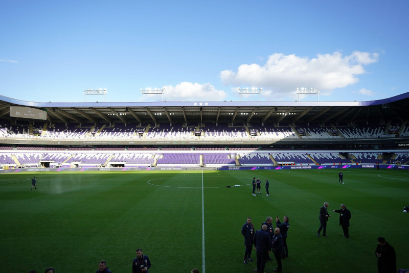 Players inspect the pitch ahead of the UEFA Europa Conference League match at Lotto Park, Anderlecht.. Picture date: Thursday October 6, 2022.