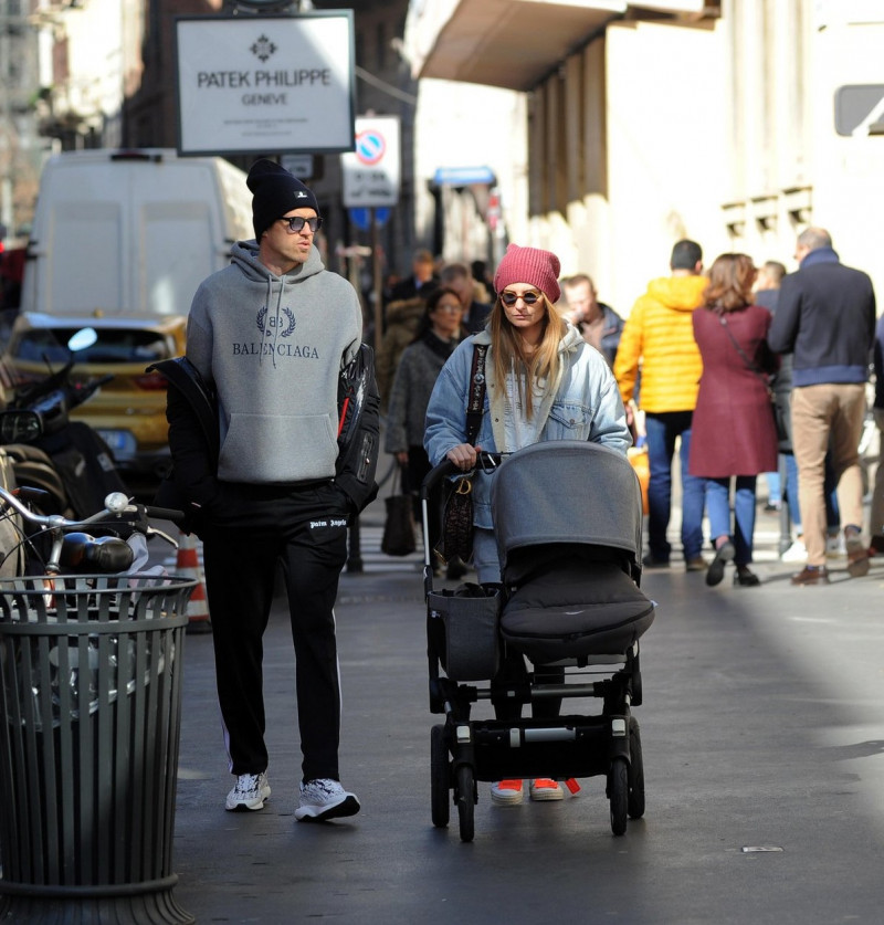 Milan, Josip Ilicic and family walking in the center Slovenian of Croatian origin JOSIP ILICIC, striker of the ATALANTA and SLOVENIA national team, arrives in the center with his wife TINA POLOVINA and his daughter SOFJIA who brings in the stroller. Here