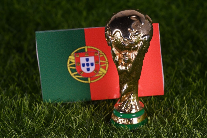 November 13, 2022, Doha, Qatar. FIFA World Cup trophy on the background of the flag of Portugal on the green lawn of the stadium.