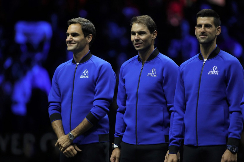 London, UK. 23rd Sep, 2022. Roger Federer, Rafael Nadal and Novak Djokovic of Team Europe before the ATP Laver Cup 2022 at the o2 Arena, London, England on 23 September 2022. Photo by Joshua Smith. Editorial use only, license required for commercial use.