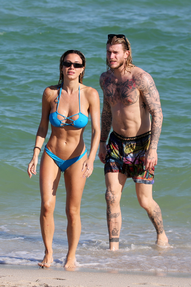 EXCLUSIVE: Loris Karius hits the beach with bikini-clad girlfriend Diletta Leotta for some swimming and beach games in Miami