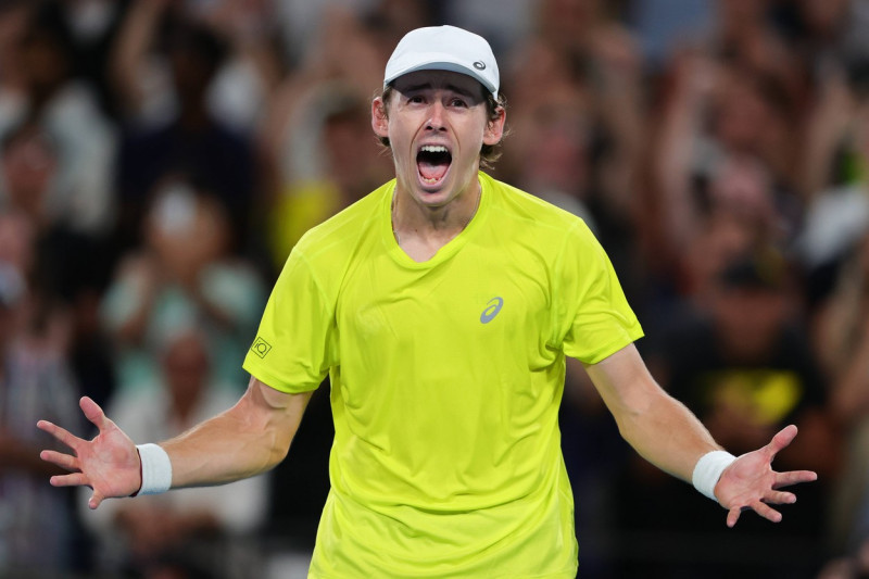 Alex de Minaur of Australia reacts after defeating Rafael Nadal of Spain in the Group D match during United Cup at Ken R