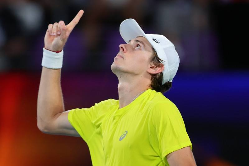 Alex de Minaur of Australia points to the sky after defeating Rafael Nadal of Spain in the Group D match during United C