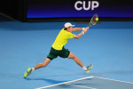 Alex de Minaur of Australia plays a shot in the Group D match during United Cup at Ken Rosewall Arena, Sydney Olympic Pa