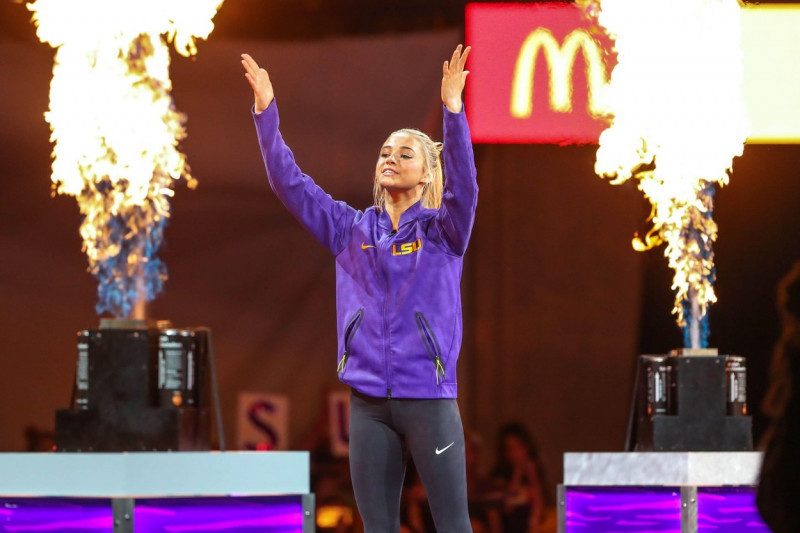 Baton Rouge, LA, USA. 4th Mar, 2022. LSU's Olivia Dunne is introduced to the crowd prior to NCAA Gymnastics action between the Kentucky Wildcats and the LSU Tigers at the Pete Maravich Assembly Center in Baton Rouge, LA. Jonathan Mailhes/CSM/Alamy Live Ne