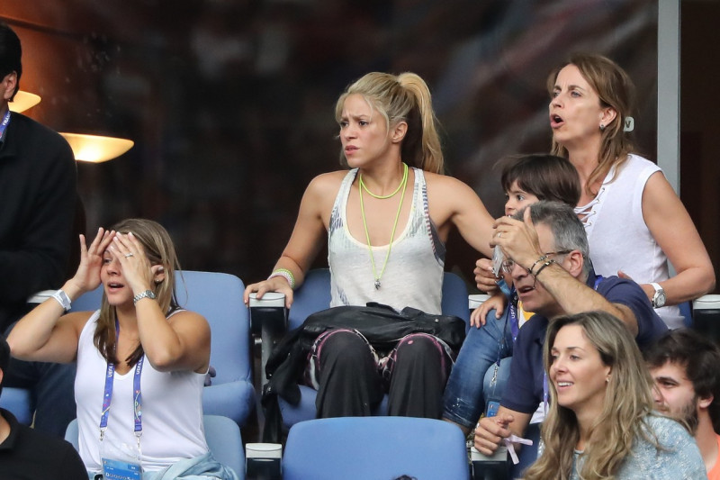 Shakira, wife of Gerard Pique and their two sons, Milan Pique Mebarak and Sasha Pique Mebarak at the match Italy v Spain in Paris