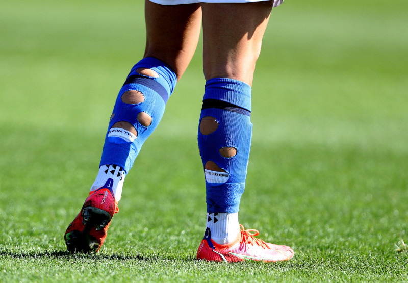 Crawley, UK. 4th Apr, 2021. A view of the socks of Maya Le Tissier of Brighton and Hove Albion that have holes cut in them during the FA Women's Super League match between Brighton &amp; Hove Albion Women and Manchester United Women at The People's Pension St