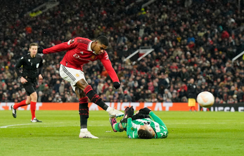 Manchester, England, 9th March 2023. Marcus Rashford of Manchester United, ManU scores the first goal during the UEFA Eu